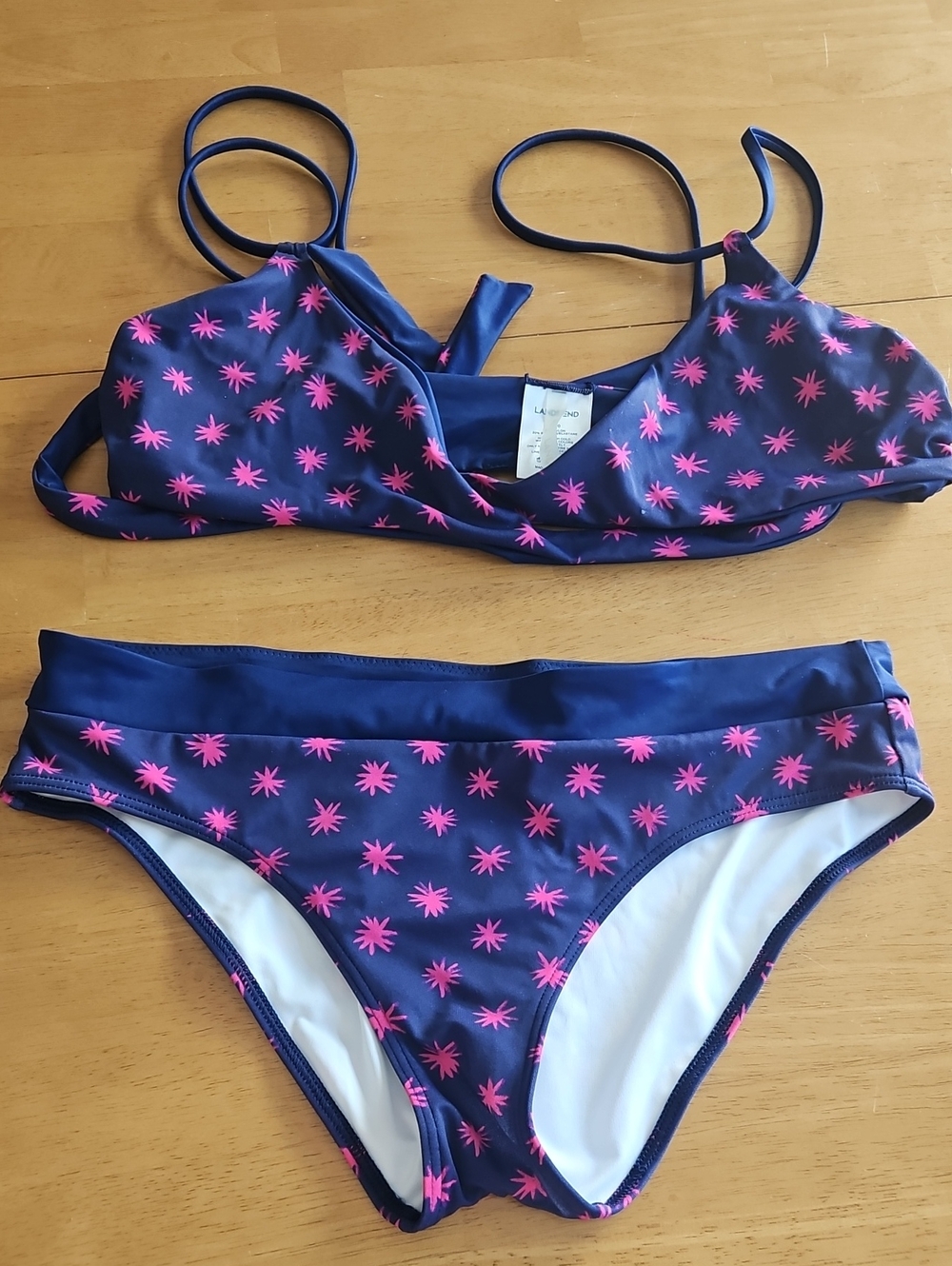 Lands End  Reversible Women's Navy Swim WrapBikini Set with Pink Starburst Print